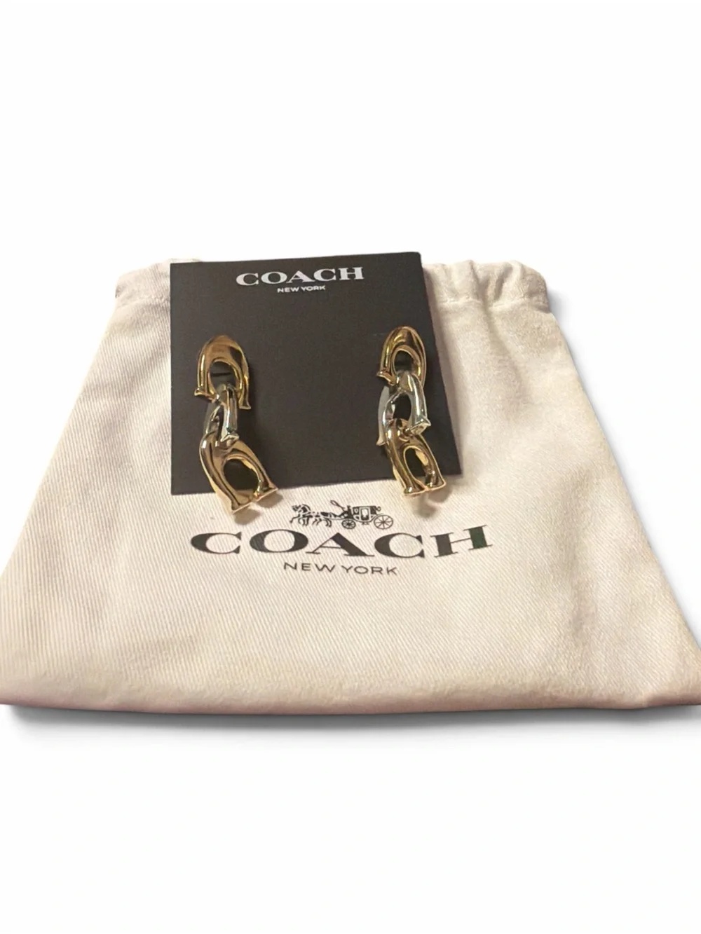 NWOT Coach Two-Tone Triple-C Drop Earrings - Gold & Silver